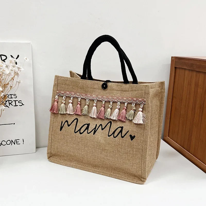 Women Mama Letter Printing Tote Bag Large Capacity Baby Diapers Storage Bag Casual Fashion Linen Shopping Handbag Gifts for Mom