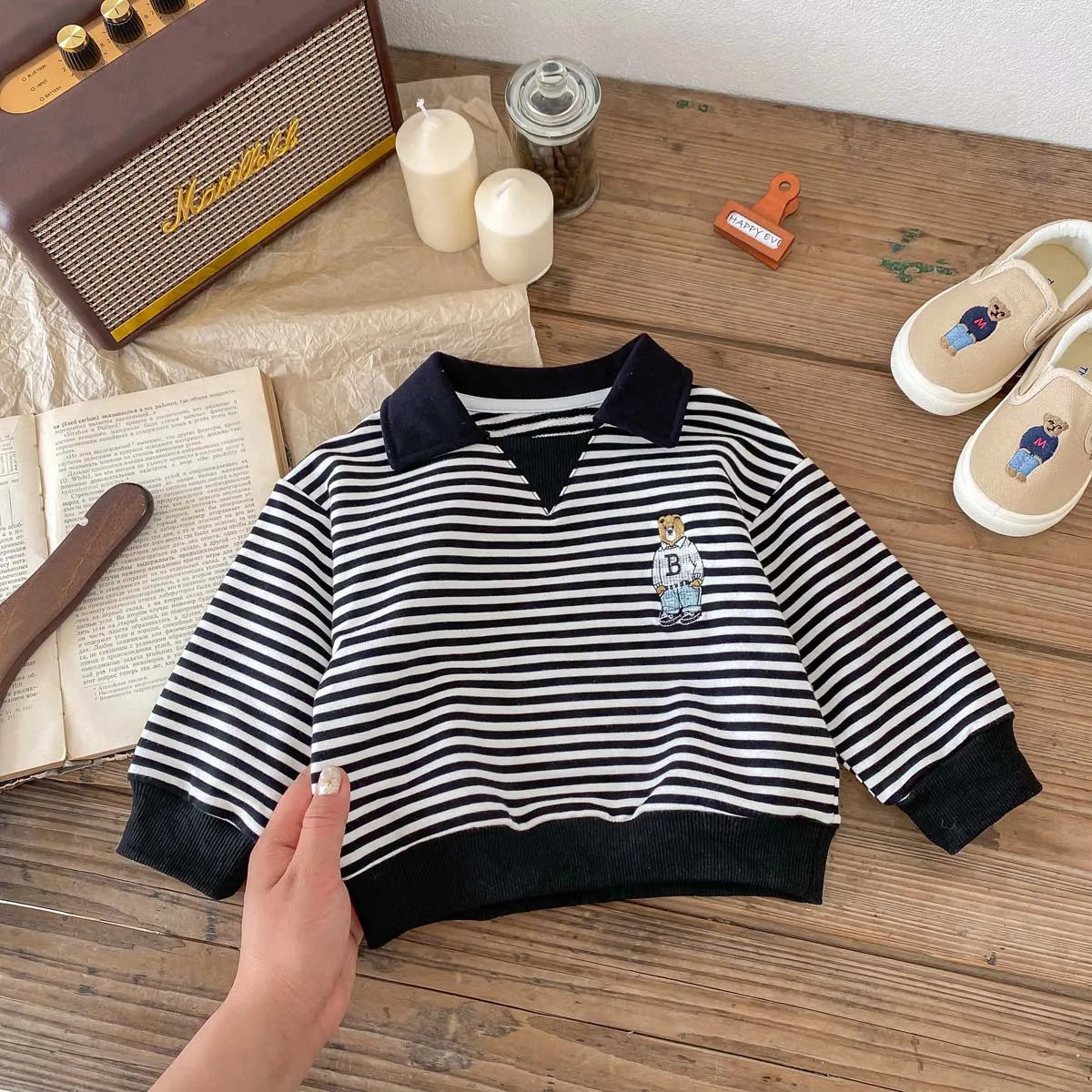 Spring Autumn Children Cool Lapel Striped Sweatshirt Kid Girl Cartoon Embroidery Long Sleeve T-shirt Boy Baby Casual Cotton Tops