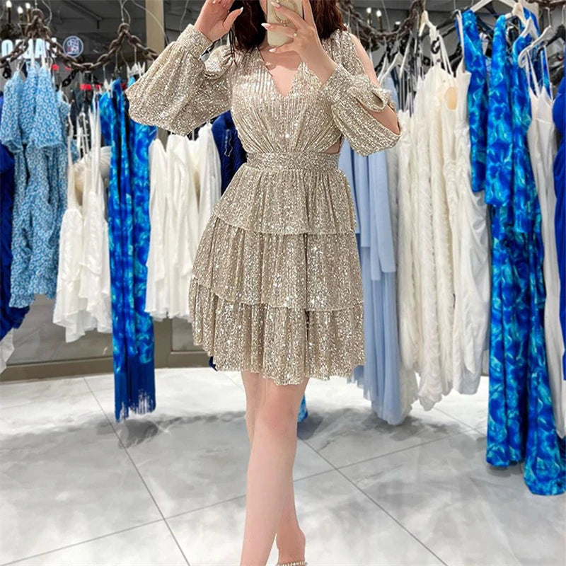 Women Elegant Long Sleeve Split Versatile Dating Dress Autumn Fashion Frilly Mini Dress Chic V-Neck Sequins Hollow Party Dresses