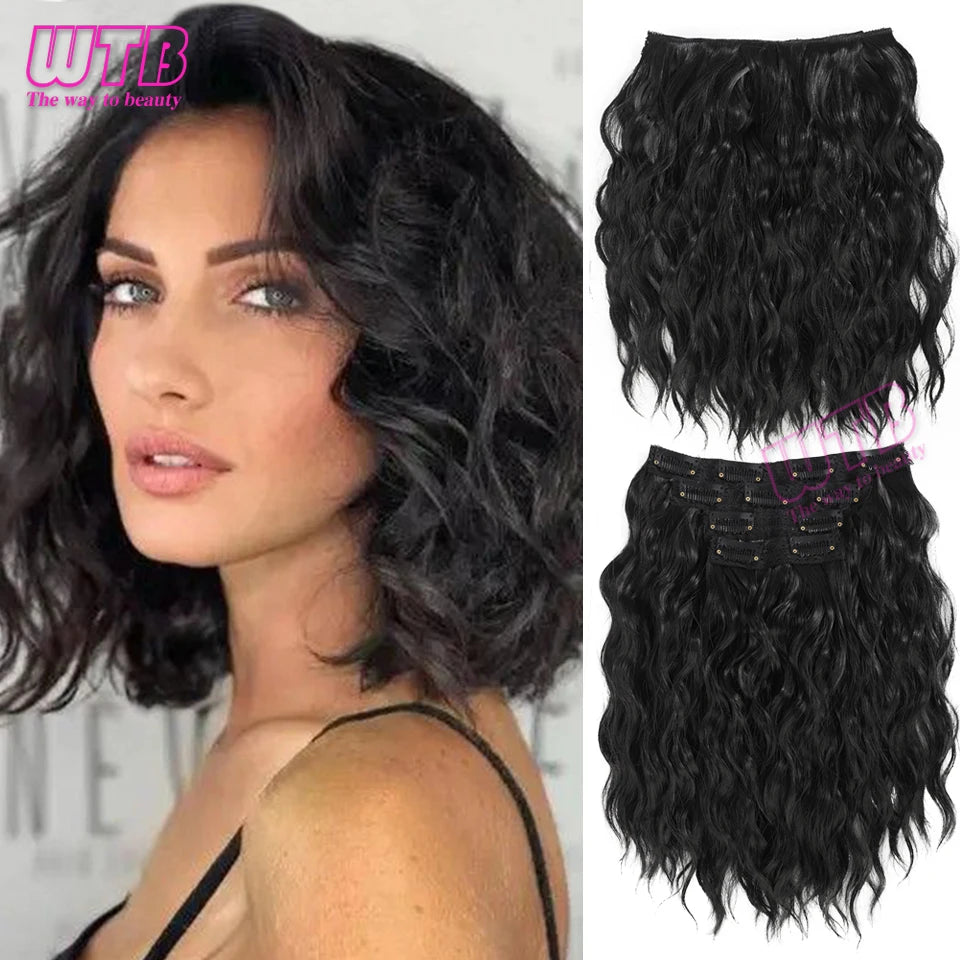 Clip In Hair Extensions Synthetic Hair 12Inch 4 PCS Set Wavy Curly Hair Extension Synthetic Hairpieces For Women Girls Daily Use