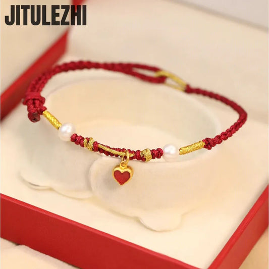 18K Gold Bracelet For Women Stereoscopic Love Red Rope Bracelet Women's Simple Retro Heart To Heart Impression Handwoven Bracele