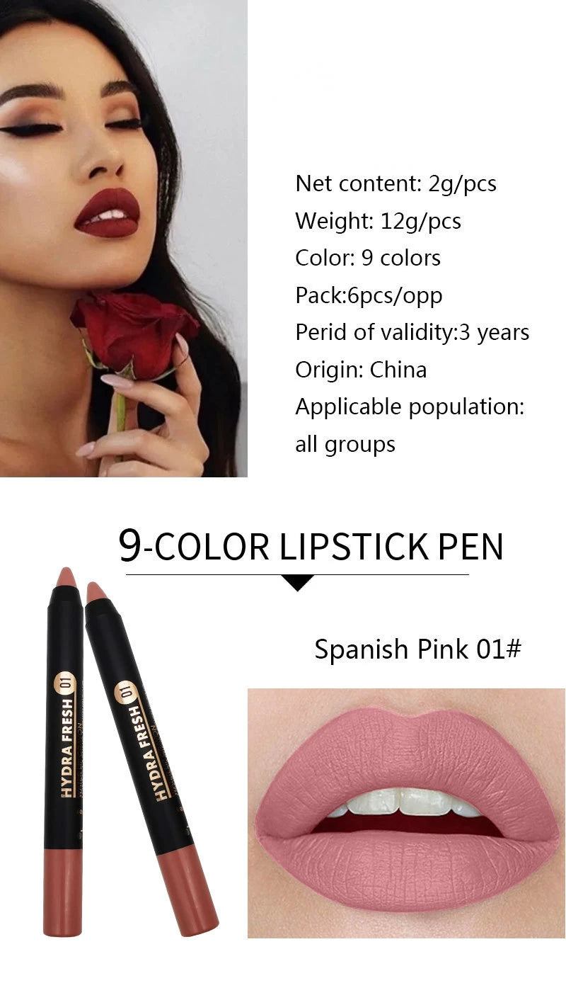 9 Colors Velvet Matte Lipsticks Pencil Waterproof Long Lasting Lip Stick Non-Stick Cup Makeup Lip Tint Pencil Cosmetics Sexy Red